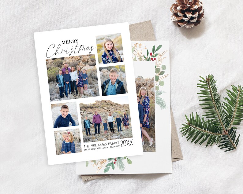 May include: A Christmas card with a collage of family photos. The card has a white background with black text that says "Merry Christmas" and "The Williams Family 20XX".
