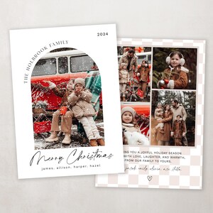 May include: A Christmas card featuring a family photo with a red and white van in the background. The card has a white background with black text that reads "The Holbrook Family 2024 Merry Christmas james, allison, harper, hazel".
