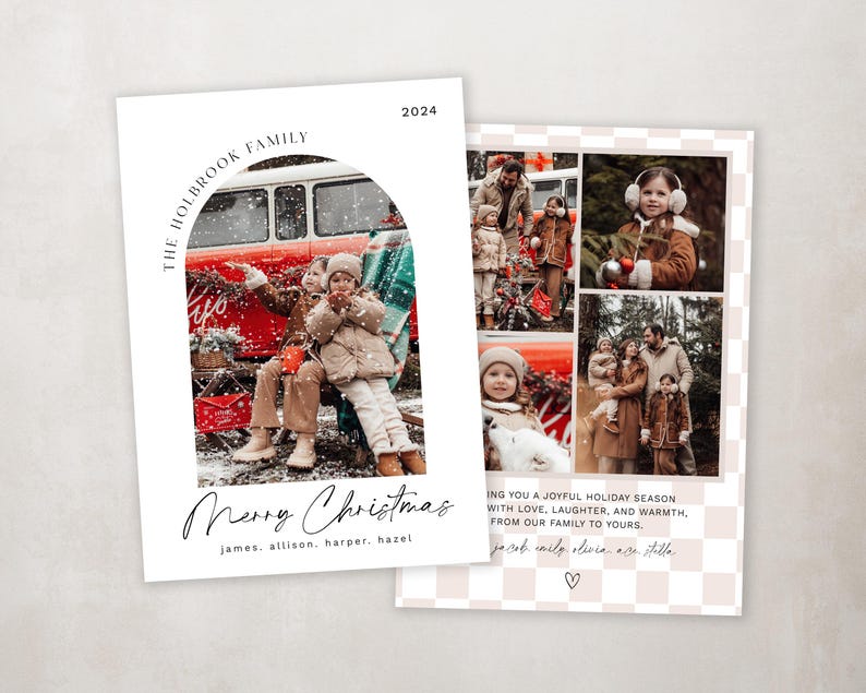 May include: A Christmas card featuring a family photo with a red and white van in the background. The card has a white background with black text that reads "The Holbrook Family 2024 Merry Christmas james, allison, harper, hazel".