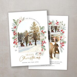 May include: A Christmas card featuring a family of four in a snowy winter scene. The card has a watercolor border of red berries and green leaves. The text "THE WILLIAMS FAMILY" is at the top of the card, and the text "MERRY CHRISTMAS" is at the bottom. The names "matthew, lacy, hazel, james" are listed below the greeting.