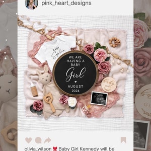 May include: A pink and white baby announcement with a black and white sign that says "We are having a baby girl August 2024". There is a white onesie with the name "Sophia" on it, a pink and white blanket, and a baby ultrasound image.