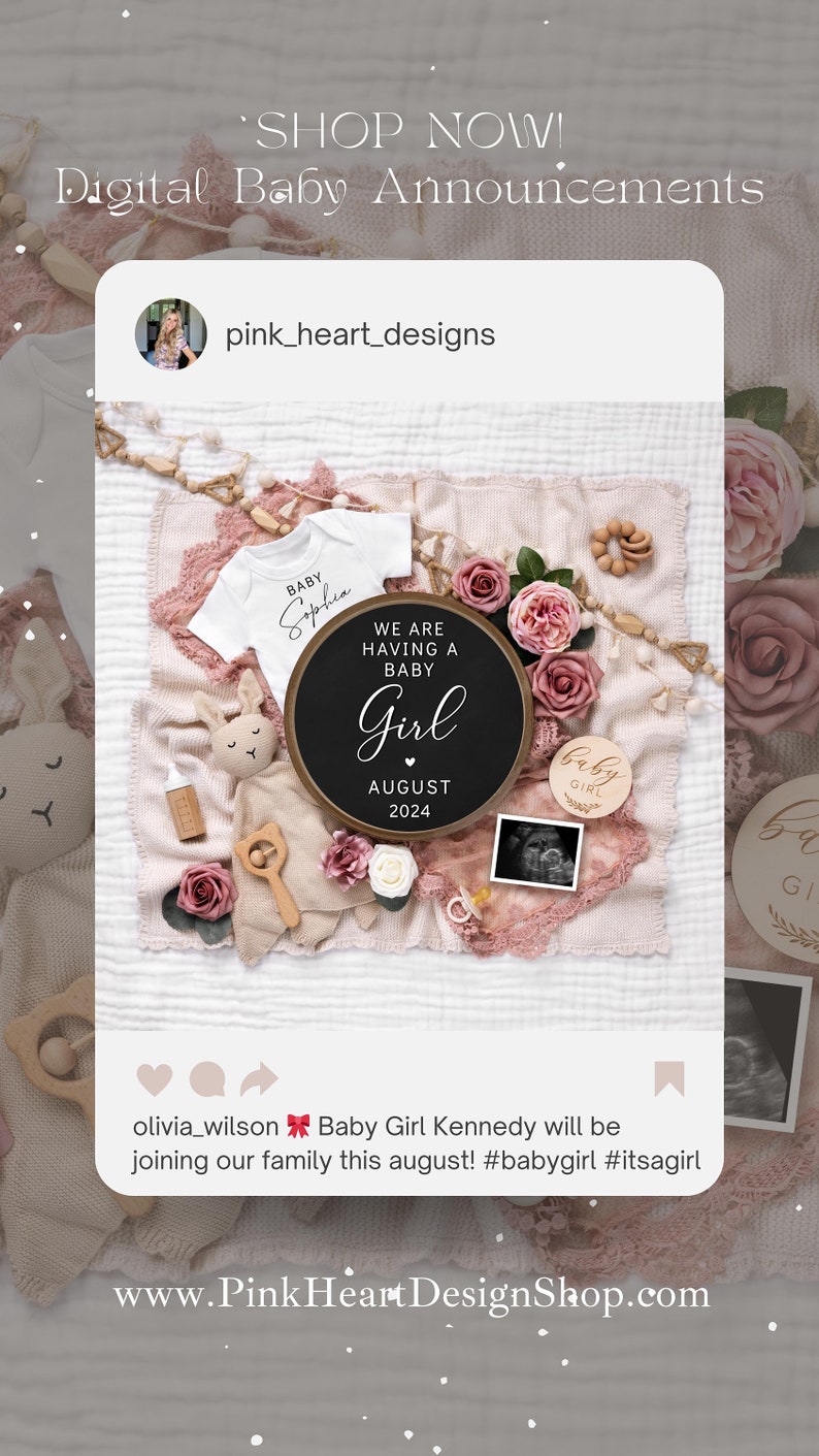 May include: A pink and white baby announcement with a black and white sign that says "We are having a baby girl August 2024". There is a white onesie with the name "Sophia" on it, a pink and white blanket, and a baby ultrasound image.