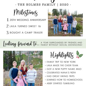 May include: A family photo collage with the text "What a Year!" and "The Holmes Family | 2020" at the top. The collage includes a family photo of five people standing in a field, a list of family milestones, and a list of family highlights. The text "Looking forward to... A year surrounded by friends and family without social distancing!" is at the bottom of the collage.
