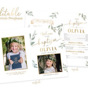 Puede incluir: Un programa de bautismo con un dise&ntilde;o floral verde y dorado. El programa incluye una foto de una ni&ntilde;a sosteniendo un libro, el texto "Bienvenido al bautismo de Olivia Jane Miller" y la fecha "8 de septiembre de 2020".