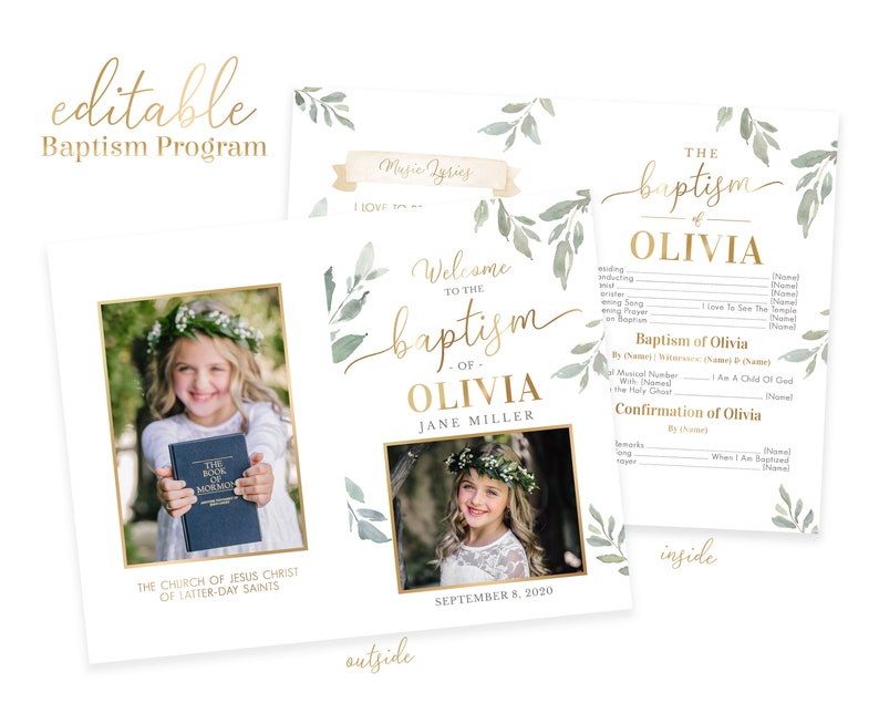 Puede incluir: Un programa de bautismo con un dise&ntilde;o floral verde y dorado. El programa incluye una foto de una ni&ntilde;a sosteniendo un libro, el texto "Bienvenido al bautismo de Olivia Jane Miller" y la fecha "8 de septiembre de 2020".