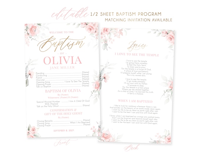 LDS Baptism Program | Half Sheet Baptism Program Girl | Baptism Programs | Baptism Program Template | Floral Blush Watercolor |  Photoshop