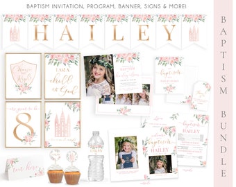 Floral LDS Baptism Kit: Invitation, Program, Banner (Editable Printable)