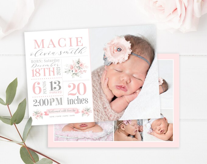 Girl Floral Birth Announcement Template - Birth Stats Announcement - Birth Announcement Template - Birth Announcement Card Girl - Photoshop