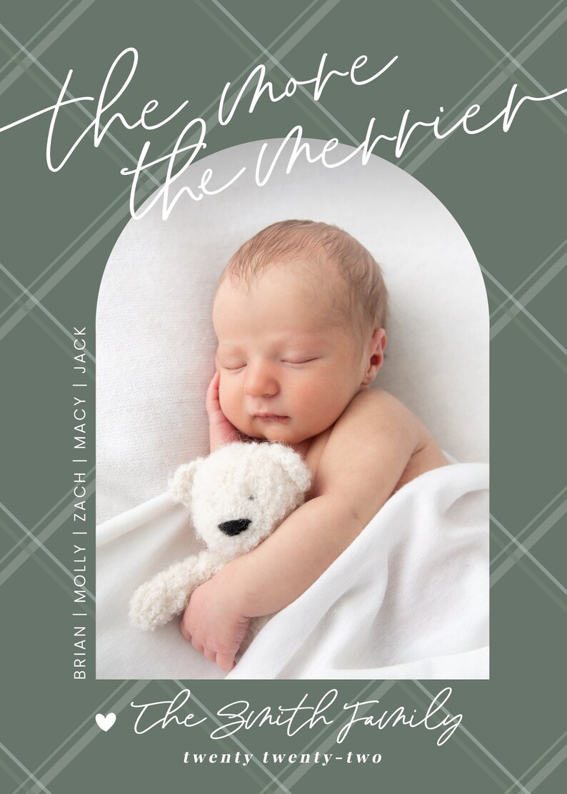 May include: A newborn baby is sleeping peacefully in a white blanket, holding a white teddy bear. The image is framed with a green and white plaid pattern and the text "the more the merrier" and "The Smith Family twenty twenty-two" is visible.