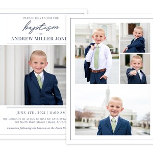 May include: Invitation to a baptism ceremony for Andrew Miller Joni, to be held on June 4th, 2021 at 11:00 AM at The Church of Jesus Christ of Latter-day Saints, 120 North Main Street, Mesa, Arizona. The invitation features four photos of the young boy in a navy blue suit and green tie.