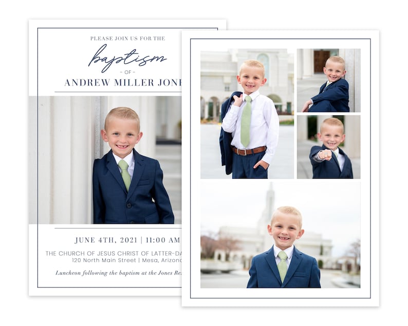 May include: Invitation to a baptism ceremony for Andrew Miller Joni, to be held on June 4th, 2021 at 11:00 AM at The Church of Jesus Christ of Latter-day Saints, 120 North Main Street, Mesa, Arizona. The invitation features four photos of the young boy in a navy blue suit and green tie.