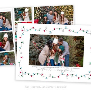 May include: A Christmas card featuring a family photo surrounded by a string of colourful lights. The text on the card reads "Wishing you a wonderful holiday season & New Year filled with happiness! Love Thomas, Emma, Harley, Olivia, Max".