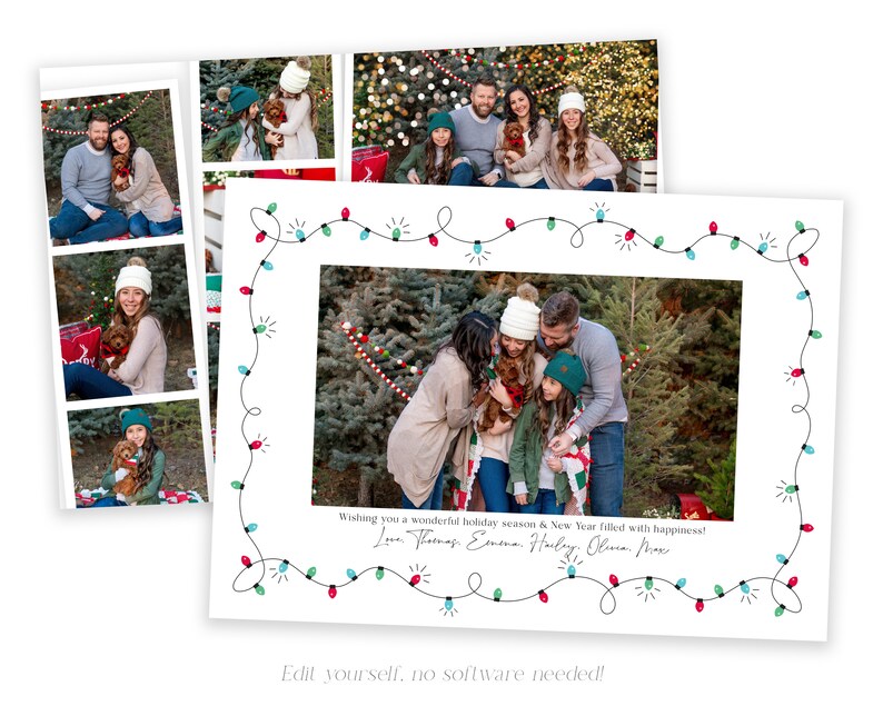 May include: A Christmas card featuring a family photo surrounded by a string of colourful lights. The text on the card reads "Wishing you a wonderful holiday season & New Year filled with happiness! Love Thomas, Emma, Harley, Olivia, Max".