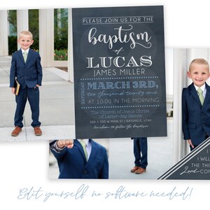 May include: A baptism invitation with a chalkboard background. The invitation is for Lucas James Miller and is for March 3rd, 2021 at 10:00 am. The invitation includes a photo of Lucas in a blue suit and tie. The invitation also includes the text "PLEASE JOIN US FOR THE baptism of LUCAS JAMES MILLER MARCH 3RD, two thousand twenty-one AT 10:00 IN THE MORNING The Church of Jesus Christ of Latter-day Saints 300 S 200 W MAIN ST | KAYSVILLE, UTAH luncheon to follow the baptism SATURDAY".