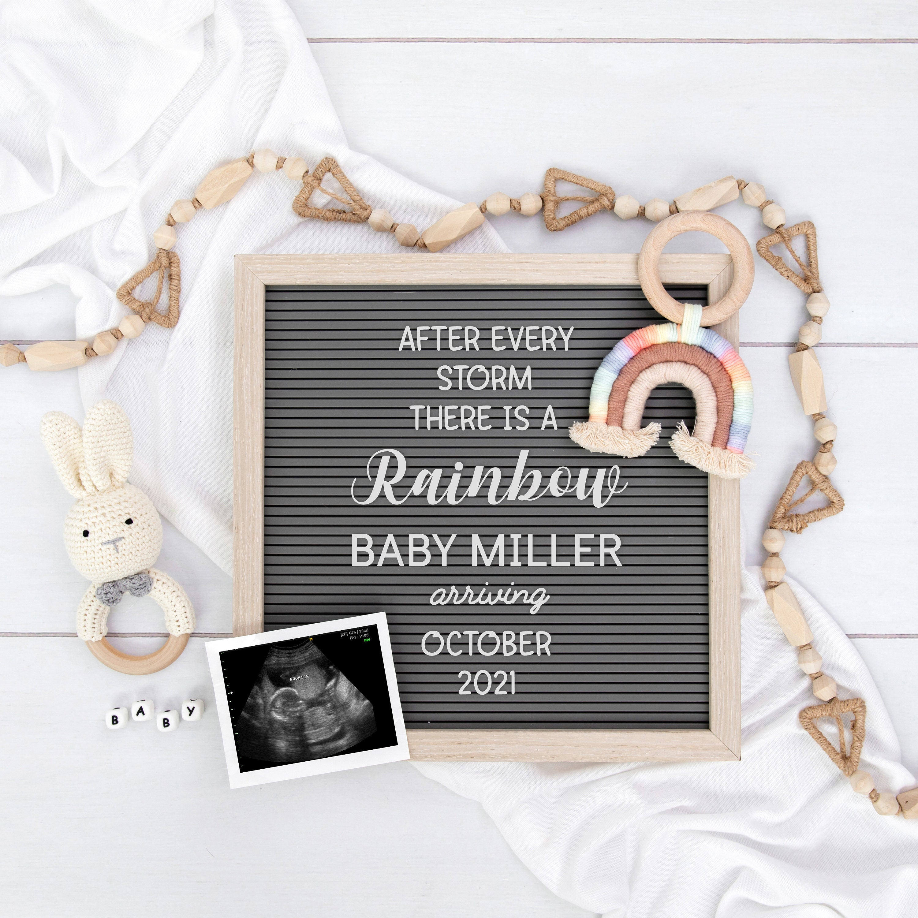 Rainbow Baby Digital Pregnancy Announcement Gender Neutral Editable Letter Board for Social