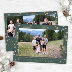 May include: A green Christmas card with gold stars and a family photo. The card reads "Wishing you joy & happiness this holiday season and a happy new year! Love More Gina Jafar Thomas Rose"