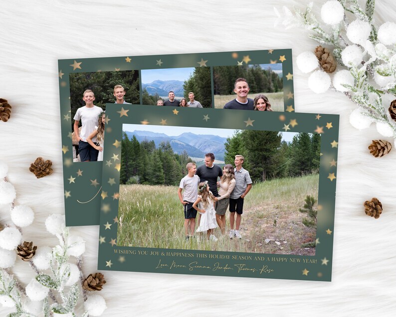 May include: A green Christmas card with gold stars and a family photo. The card reads "Wishing you joy & happiness this holiday season and a happy new year! Love More Gina Jafar Thomas Rose"