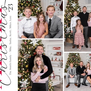 May include: A Christmas card featuring a family of six posing in front of a decorated Christmas tree. The card reads "Merry Christmas '23" and "The Smith Family - Mike, Tasha, Scott, Miles, Lexi"