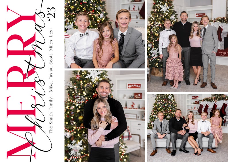 May include: A Christmas card featuring a family of six posing in front of a decorated Christmas tree. The card reads "Merry Christmas '23" and "The Smith Family - Mike, Tasha, Scott, Miles, Lexi"