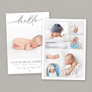 May include: A newborn baby announcement card with the text "hello" and "OLIVER MILES HARRIS 10.12.23 2:45 pm 7 lbs 3 oz 21"  and "love emily jake & big bromiles" with a heart symbol. The card features a collage of photos of the baby in different poses.