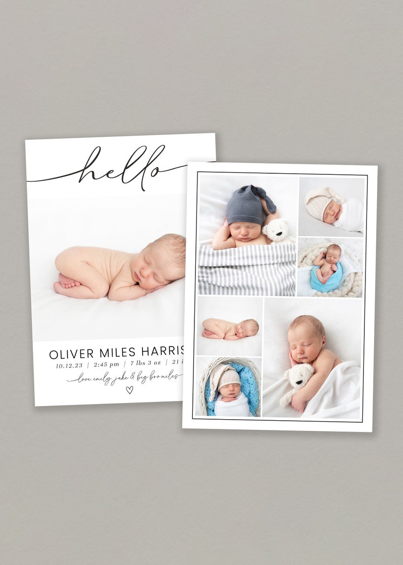 May include: A newborn baby announcement card with the text "hello" and "OLIVER MILES HARRIS 10.12.23 2:45 pm 7 lbs 3 oz 21"  and "love emily jake & big bromiles" with a heart symbol. The card features a collage of photos of the baby in different poses.