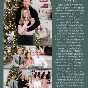 May include: A family portrait with a Christmas tree in the background. The family is dressed in casual attire and smiling. The text "THE JOHNSON FAMILY" is at the top of the image. The text "2023" is at the bottom of the image. The text "brady. elise. tyler. noah. abby" is below the year.