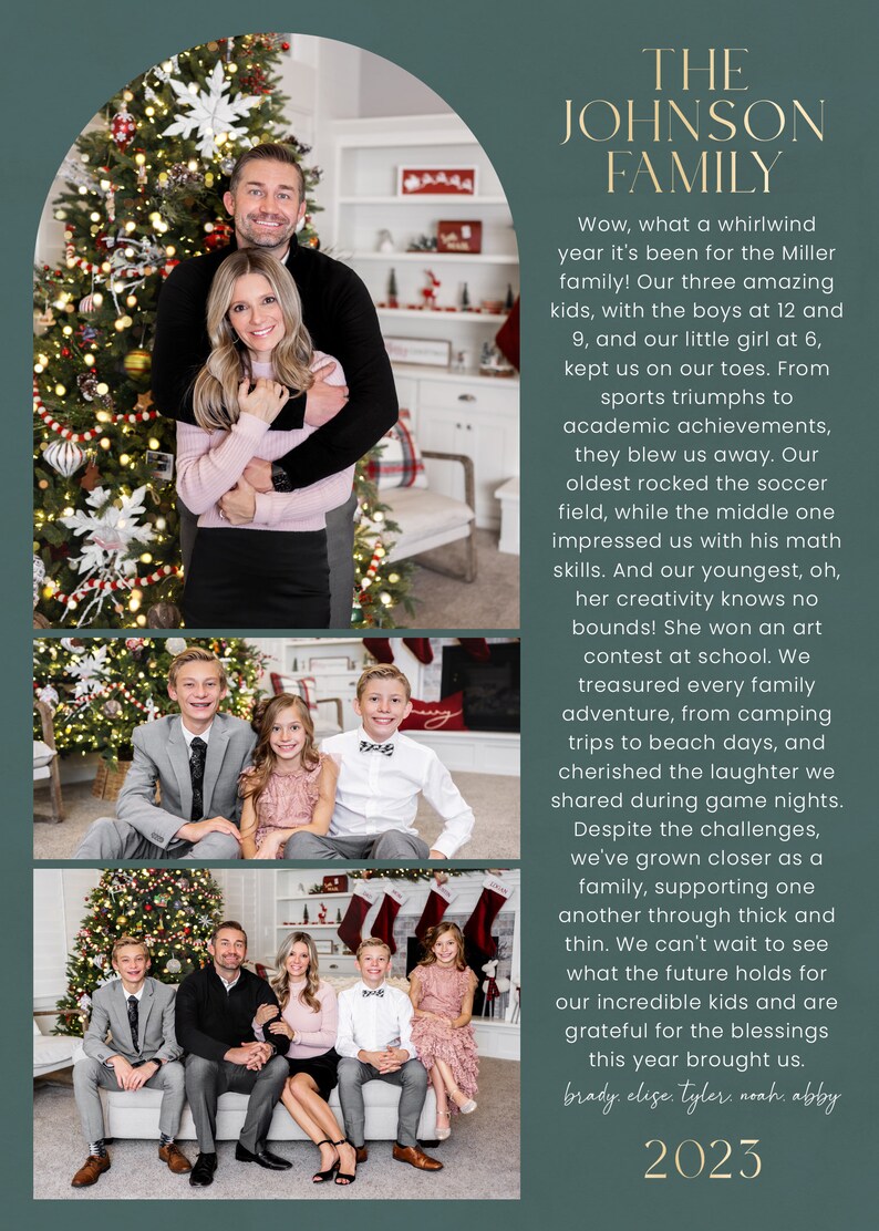 May include: A family portrait with a Christmas tree in the background. The family is dressed in casual attire and smiling. The text "THE JOHNSON FAMILY" is at the top of the image. The text "2023" is at the bottom of the image. The text "brady. elise. tyler. noah. abby" is below the year.