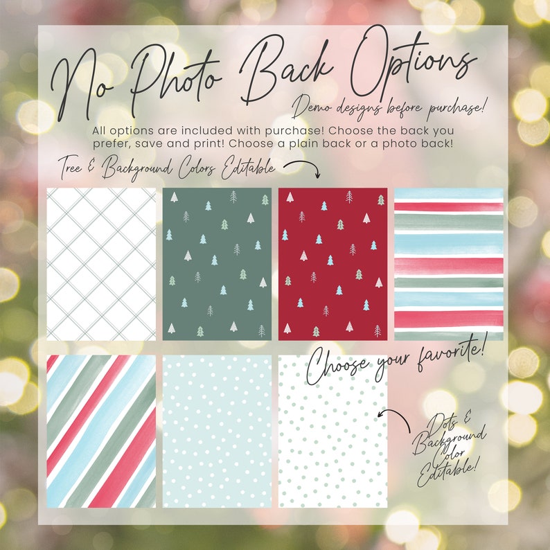 May include: Six different Christmas-themed background designs for digital products. The designs include a white and gray plaid pattern, a green background with small white Christmas trees, a red background with small white Christmas trees, a blue and white striped pattern, a white background with small gray dots, and a white background with small gray polka dots. The text "Choose your favorite!" is written in black cursive on a white background. The text "Dots & Background Color Editable!" is written in black on a white background.