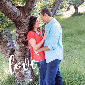 May include: A couple in love, standing in a field with a tree behind them. The woman is wearing a red shirt and the man is wearing a blue shirt. The word "love" is written in white cursive letters on the image.