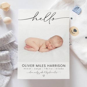 May include: A white card with black text announcing the birth of Oliver Miles Harrison. The card includes the baby's birthdate, time, weight, and length. The text "hello" is written in cursive at the top of the card. A photo of the baby sleeping is in the center of the card.