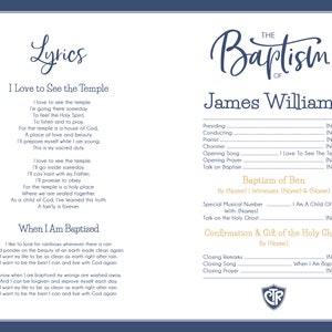 May include: A blue and white certificate with the text "The Baptism of James Williams" and the lyrics to the song "I Love to See the Temple". The certificate also includes the names of the officiant, witnesses, and musicians for the baptism ceremony.