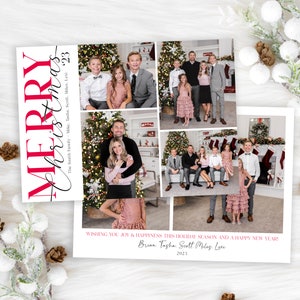 May include: A Christmas card featuring a collage of photos of a family with a Christmas tree in the background. The card reads "Merry Christmas" and "The Smith Family - Mike, Tasha, Scott, Miles, Lexi - 2023". The card also includes the message "Wishing you joy & happiness this holiday season and a happy new year! Brian, Tasha, Scott, Miles, Lexi - 2023".