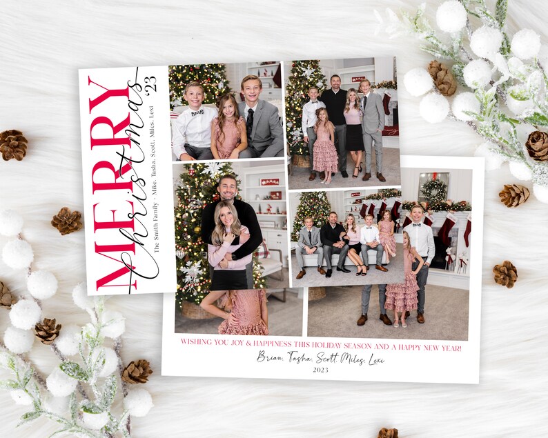 May include: A Christmas card featuring a collage of photos of a family with a Christmas tree in the background. The card reads "Merry Christmas" and "The Smith Family - Mike, Tasha, Scott, Miles, Lexi - 2023". The card also includes the message "Wishing you joy & happiness this holiday season and a happy new year! Brian, Tasha, Scott, Miles, Lexi - 2023".