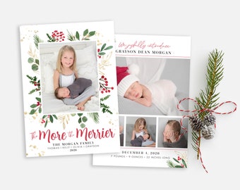 Christmas Birth Announcement Template - More and Merrier - Christmas Template for Photoshop - Photographer Template - Digital Design