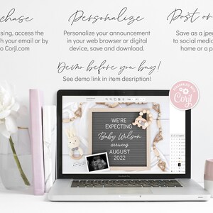 May include: A laptop screen displaying a digital announcement for a baby shower. The announcement is on a chalkboard with the text "We're Expecting Baby Wilson arriving August 2022". The announcement is surrounded by small wooden decorations.