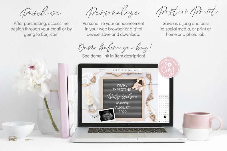 May include: A laptop screen displaying a digital announcement for a baby shower. The announcement is on a chalkboard with the text "We're Expecting Baby Wilson arriving August 2022". The announcement is surrounded by small wooden decorations.