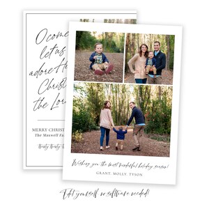 May include: A Christmas card featuring a family of three in a forest setting. The card includes a collage of three photos: a young boy sitting on the ground, a couple holding their son, and the couple walking with their son. The card includes the text "O come let us adore Him Christ the Lord" and "Merry Christmas The Maxwell Family twenty twenty two". The card also includes the text "Wishing you the best wonderful holiday season! GRANT. MOLLY. TYSON".