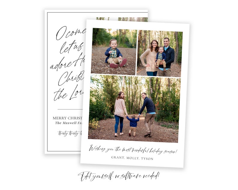 May include: A Christmas card featuring a family of three in a forest setting. The card includes a collage of three photos: a young boy sitting on the ground, a couple holding their son, and the couple walking with their son. The card includes the text "O come let us adore Him Christ the Lord" and "Merry Christmas The Maxwell Family twenty twenty two". The card also includes the text "Wishing you the best wonderful holiday season! GRANT. MOLLY. TYSON".