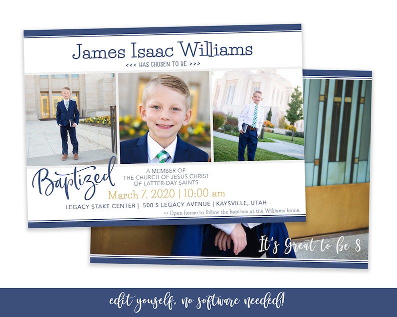 May include: A blue and white baptism announcement with a photo of a young boy in a suit. The announcement includes the boy's name, James Isaac Williams, the date and time of the baptism, and the location. The text "Baptized" is written in a decorative font.
