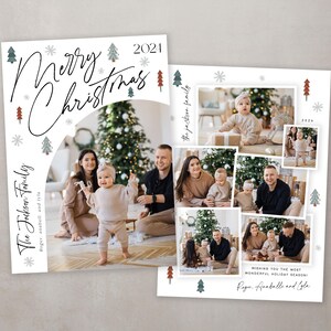 Pu&ograve; includere: Un biglietto di Natale con un collage di foto di famiglia e un design festivo. Il biglietto ha uno sfondo bianco con un design di albero di Natale verde e rosso e il testo "Buon Natale" in corsivo nero. Il collage di foto di famiglia presenta una famiglia di quattro persone con un bambino. Il biglietto include anche il testo "The Jackson Family" e "Roger, Anabell e Lyla" in corsivo nero.