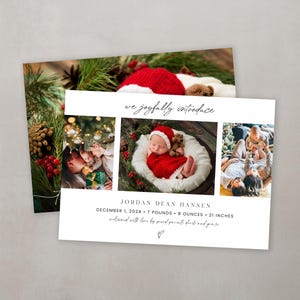 May include: A Christmas-themed birth announcement card with a photo collage of a newborn baby in a red Santa hat, a family photo, and a close-up of a Christmas tree. The card reads "we joyfully introduce JORDAN DEAN HANSEN DECEMBER 1, 2024 7 POUNDS 8 OUNCES 21 INCHES welcomed with love by proud parents, ducks and geese".