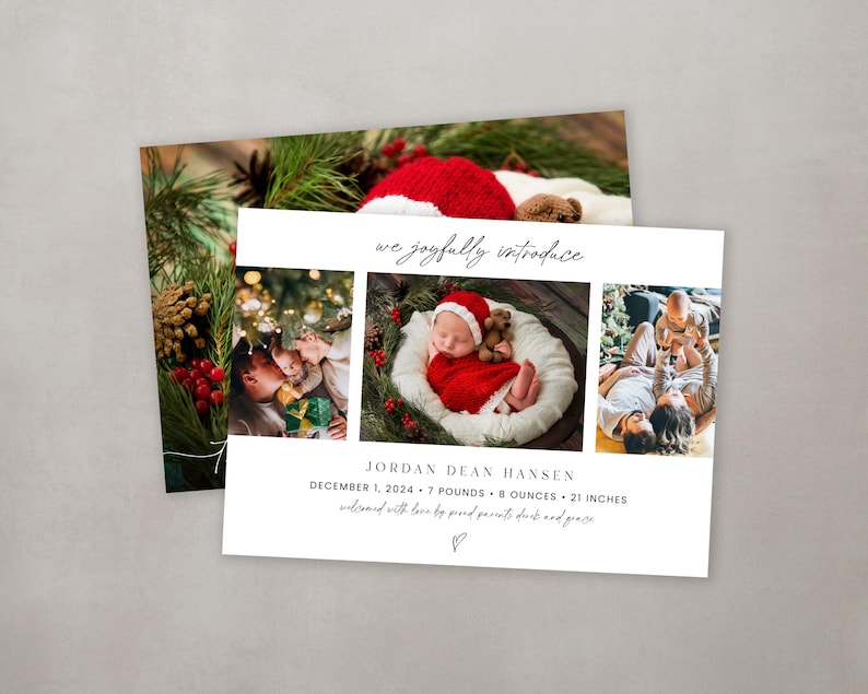 May include: A Christmas-themed birth announcement card with a photo collage of a newborn baby in a red Santa hat, a family photo, and a close-up of a Christmas tree. The card reads "we joyfully introduce JORDAN DEAN HANSEN DECEMBER 1, 2024 7 POUNDS 8 OUNCES 21 INCHES welcomed with love by proud parents, ducks and geese".