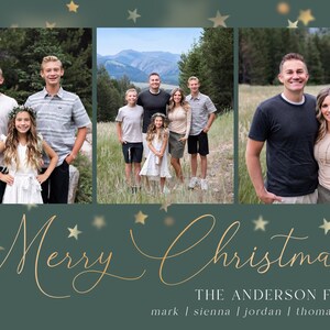 May include: A Christmas card featuring a family of five with a green background and gold stars. The text "Merry Christmas 2023" and "THE ANDERSON FAMILY" is written in gold script. The names "mark | sienna | jordan | thomas | rose" are written below the family name.