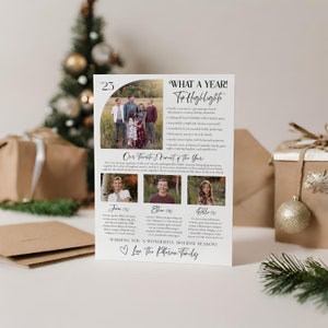 Op de afbeelding: Een kerstkaart met een foto van een gezin voor een herfstboom. De kaart heeft een witte achtergrond met zwarte tekst die "Wat een jaar! Topmomenten" zegt en familievenementen opsomt. De kaart bevat ook een foto van elk gezinslid met hun leeftijd en een boodschap die iedereen een fijne kersttijd wenst. De kaart is ondertekend met "Met liefde, De familie Peterson."