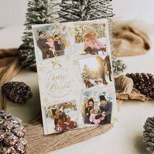 May include: A Christmas card featuring a collage of family photographs. The card has a gold glitter background with the text "May your days be Merry & Bright" and "The Williams family".