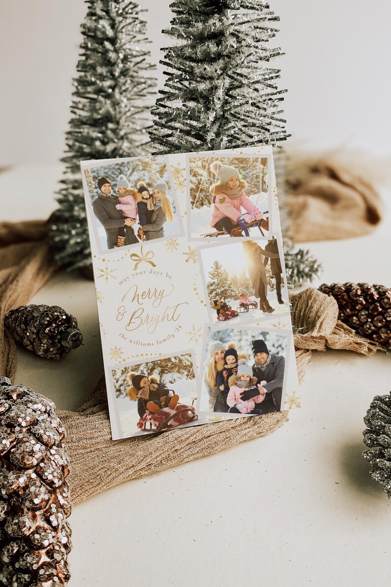 May include: A Christmas card featuring a collage of family photographs. The card has a gold glitter background with the text "May your days be Merry & Bright" and "The Williams family".