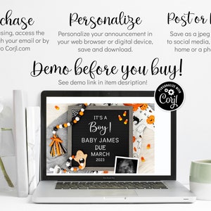 May include: A laptop screen displaying a Halloween-themed baby announcement with a black letter board that reads "It's a Boy! Baby James Due March 2023". The announcement is decorated with orange and black candy corn, a black cat, a ghost, and a black and white beaded garland.