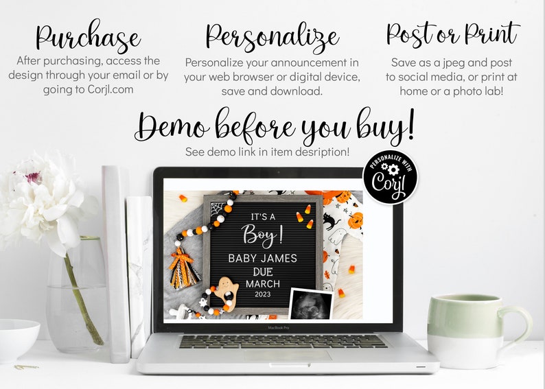 May include: A laptop screen displaying a Halloween-themed baby announcement with a black letter board that reads "It's a Boy! Baby James Due March 2023". The announcement is decorated with orange and black candy corn, a black cat, a ghost, and a black and white beaded garland.