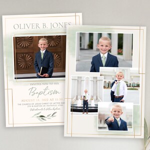 May include: A baptism invitation featuring a collage of photos of a young boy wearing a suit and tie. The invitation includes the boy's name, Oliver B. Jones, the date and time of the baptism, and the location of the church. The invitation is decorated with a watercolour background and gold accents.