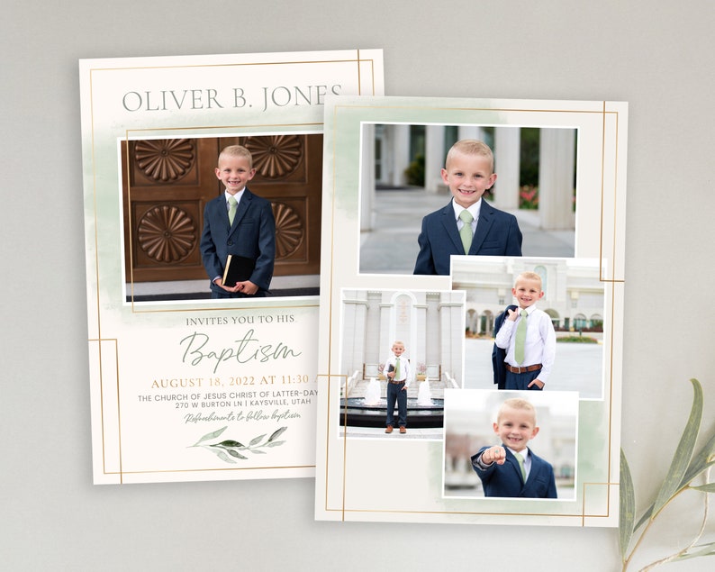 May include: A baptism invitation featuring a collage of photos of a young boy wearing a suit and tie. The invitation includes the boy's name, Oliver B. Jones, the date and time of the baptism, and the location of the church. The invitation is decorated with a watercolour background and gold accents.
